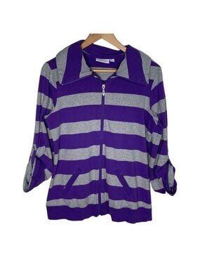 Denim & Co Womens Striped Zip Jacket Small Purple Gray Roll Tab